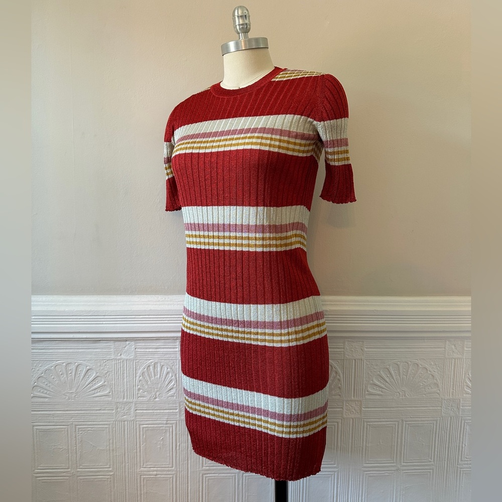 Maison Kitsune Stripped Glitter Mini Holiday Dress in Ribbed Lurex, Size S